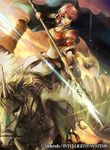  arm_guards armor belt blue_eyes breastplate cape company_connection copyright_name elbow_gloves fire_emblem fire_emblem:_akatsuki_no_megami fire_emblem:_souen_no_kiseki fire_emblem_cipher gloves holding holding_weapon horse horseback_riding marcia official_art pauldrons pegasus pegasus_knight pink_hair polearm riding serious short_hair spear sunset thighhighs wada_sachiko weapon wings 