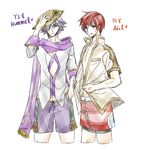  2boys adol_christin black_eyes blue_eyes hat hummel_(ys) multiple_boys navel open_mouth purple_hair red_hair scarf short_hair shorts ys ys_viii_lacrimosa_of_dana 