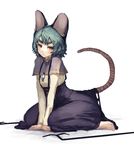  animal_ears barefoot between_legs blouse blush capelet dowsing_rod earrings flat_chest grey_hair hand_between_legs hands_together high-waist_skirt highres jewelry kikimifukuri kneeling long_sleeves looking_at_viewer mouse_ears mouse_tail nazrin pendant red_eyes simple_background sketch skirt solo suspender_skirt suspenders tail thick_eyebrows touhou white_background 
