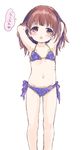  :o armpits arms_up bad_id bad_pixiv_id bangs bikini blush brown_eyes brown_hair child commentary_request eyebrows_visible_through_hair flat_chest heart highres konayama_kata long_hair looking_at_viewer navel open_mouth original polka_dot polka_dot_bikini purple_bikini simple_background solo speech_bubble standing swimsuit white_background 