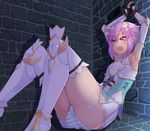  &gt;_&lt; armpits bdsm blush bondage bound closed_eyes dura four_goddesses_online:_cyber_dimension_neptune hair_ornament highres neptune_(choujigen_game_neptune) neptune_(series) open_mouth panties purple_hair short_hair solo striped striped_panties tied_up underwear 