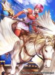  armor bangs belt breastplate cloud company_connection copyright_name day dress elbow_gloves fingerless_gloves fire_emblem fire_emblem:_akatsuki_no_megami fire_emblem:_souen_no_kiseki fire_emblem_cipher gloves headband holding holding_weapon horse horseback_riding looking_at_viewer marcia ocean official_art open_mouth outdoors pauldrons pegasus pegasus_knight pink_hair polearm riding ship short_dress short_sleeves sky smile spear thighhighs wada_sachiko watercraft weapon zettai_ryouiki 