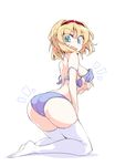  1girl alice_margatroid ass blonde_hair blue_bra blue_eyes blue_panties bra breast_hold breasts commentary_request feet_together full_body fumitsuki_(minaduki_6) hairband hand_on_thigh kneeling large_breasts looking_at_viewer looking_back open_mouth panties short_hair sideboob simple_background solo sweat thighhighs touhou underwear underwear_only unfastened white_background white_legwear 