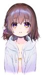  arms_at_sides bad_id bad_pixiv_id bangs blush braid brown_hair collarbone commentary_request eyebrows_visible_through_hair highres hood hoodie konayama_kata looking_at_viewer open_clothes open_hoodie original parted_lips purple_eyes short_hair side_braid simple_background solo upper_body white_background 