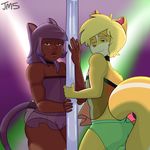  animal_humanoid anthro canine cat_humanoid clothed clothing duo feline girly humanoid jakkmau5art looking_at_viewer male mammal pole smile standing stripper_pole 