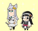  :3 animal_ears bkub_(style) chibi dress elbow_gloves erune eyepatch gloves granblue_fantasy harvin korwa lowres lunalu_(granblue_fantasy) mikan-uji multiple_girls parody pointy_ears poptepipic skirt style_parody 