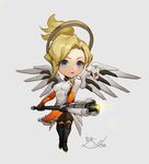  1girl 2017 black_gloves black_legwear blonde_hair blue_eyes bodysuit breasts chibi closed_mouth dated eyebrows_visible_through_hair eyelashes eyes_visible_through_hair frown full_body gloves hair_intakes high_ponytail holding holding_staff long_sleeves looking_at_viewer looking_away mechanical_halo mechanical_wings medium_breasts mercy_(overwatch) overwatch pantyhose pelvic_curtain short_hair signature silver_background simple_background solo sparkle spread_wings staff standing taut_clothes thighhighs turtleneck wings 