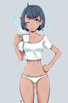  1girl aether_foundation_employee ahoge black_hair breasts brown_eyes coffee crop_top cup dark_skin groin hand_on_hip highres hips looking_at_viewer midriff milka_(milk4ppl) navel npc one_eye_closed panties pokemon pokemon_(game) pokemon_sm shirt short_hair small_breasts solo sparkle standing stomach thighs underwear white_shirt 