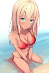  alessandra_susu beach bikini blonde_hair breasts cleavage collarbone foreshortening from_above green_eyes highres long_hair looking_at_viewer medium_breasts mitsukichi navel partially_submerged red_bikini side-tie_bikini sitting smile solo swimsuit tokyo_7th_sisters wariza 