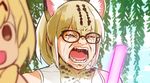  :d animal_ears bangs bare_shoulders blonde_hair bow bowtie brown_eyes cat_ears chikaoka_sunao_(style) closed_eyes commentary_request crying eyebrows_visible_through_hair fangs glasses glowstick kashi-k kemono_friends margay_(kemono_friends) multicolored_hair multiple_girls oota_kuniyoshi open_mouth parody serval_(kemono_friends) short_hair shouting smile style_parody wake_up_girls! 