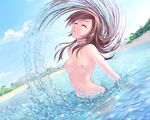  atomix beach breasts brown_hair closed_eyes cloud day dutch_angle island long_hair medium_breasts nipples nude ocean open_mouth original outdoors revision sky solo splashing text_focus water watermark web_address 