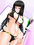  1girl atlach-nacha bare_arms bare_legs bare_shoulders bathroom bikini black_hair blush breasts cameltoe cleavage cowboy_shot doomblade erect_nipples highres hirasaka_hatsune indoors large_breasts legs long_hair looking_at_viewer mirror mound_of_venus navel red_eyes shower smile solo standing sweat swimsuit thighs thong 