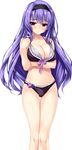  ass_visible_through_thighs betsuin_sachiho bikini blush breasts cameltoe front-tie_top hair_twirling hairband haruru_minamo_ni! highres large_breasts long_hair looking_at_viewer navel official_art pink_eyes purple_hair shintarou smile solo swimsuit thigh_gap transparent_background 