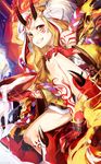  blonde_hair cup facial_mark fate/grand_order fate_(series) hand_on_own_knee holding holding_cup horns ibaraki_douji_(fate/grand_order) japanese_clothes kimono long_hair mika_pikazo oni oni_horns slit_pupils solo yellow_eyes yellow_kimono 