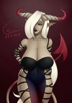  1girl black_dress breasts cesium cleavage covered_navel curvy demon demon_girl earrings green_eyes grey_skin hand_on_hip horns huge_breasts lips long_hair looking_at_viewer original pointy_ears revealing_clothes solo tail thick_lips thighs waifu2x white_hair wide_hips 