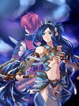  1girl adol_christin aqua_eyes back-to-back bangs blue_hair breasts brown_gloves collarbone cowboy_shot dana_(ys) detached_sleeves dual_wielding eyebrows_visible_through_hair fingerless_gloves gloves hairband holding holding_sword holding_weapon kumakosion long_hair looking_to_the_side midriff navel parted_bangs parted_lips red_hair ribbon see-through sky small_breasts star_(sky) starry_sky stomach sword thighhighs twintails underboob very_long_hair weapon white_ribbon ys ys_viii_lacrimosa_of_dana 