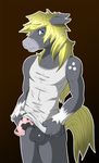  animal_genitalia animal_penis anthro balls blonde_hair blue_eyes bottomless chaz clothed clothing equine equine_penis grey_balls hair horse looking_at_viewer male mammal mirapony penis solo standing 