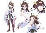  ahoge bare_shoulders blue_eyes boots brown_hair character_sheet detached_sleeves double_bun hair_ornament hairband headgear japanese_clothes kantai_collection kongou_(kantai_collection) little_witch_academia multiple_views nontraditional_miko open_mouth parody ribbon-trimmed_sleeves ribbon_trim skirt style_parody thigh_boots thighhighs yuzuruka_(bougainvillea) zettai_ryouiki 
