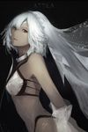  altera_(fate) arm_warmers bandeau bangs bare_shoulders black_background black_bikini_bottom blunt_bangs breasts brown_lipstick character_name choker collarbone cowboy_shot dark_skin detached_sleeves eyebrows_visible_through_hair eyelashes fate/extella fate/extra fate/grand_order fate_(series) from_side grey_hair headpiece highres lipstick looking_at_viewer makeup marumoru midriff navel parted_lips red_eyes revealing_clothes short_hair signature simple_background small_breasts smile solo veil white_bikini_top white_hair 