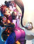  1boy 2girls against_wall ass assertive backless_outfit bakki bare_back blood bodysuit breast_press breasts brown_hair face_licking gloves gorilla head_mounted_display highres licking medium_breasts multiple_girls orange_bodysuit overwatch pink_bodysuit ponytail purple_hair purple_skin revision skin_tight surprised thighs tongue tracer_(overwatch) walk-in widowmaker_(overwatch) wince winston_(overwatch) yuri 