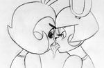 2015 animatronic anthro avian beakless bird black_and_white black_sclera blush buckteeth chicken drooling duo extreme_french_kiss eye_contact female five_nights_at_freddy&#039;s five_nights_at_freddy&#039;s_2 inkyfrog kissing lagomorph machine male mammal monochrome rabbit robot saliva side_view simple_background teeth tongue tongue_out toy_bonnie_(fnaf) toy_chica_(fnaf) traditional_media_(artwork) video_games white_background 
