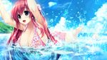  ass barefoot bikini blue_eyes breasts day flower game_cg harugasaki_kanau haruru_minamo_ni! highres huge_breasts large_breasts long_hair ocean official_art open_mouth outdoors partially_submerged pink_bikini pink_hair shintarou solo swimming swimsuit 