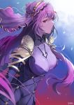  1girl artist_name bangs blush bodysuit breasts circlet covered_navel damda eyebrows_visible_through_hair fate/grand_order fate_(series) hair_between_eyes large_breasts long_hair looking_at_viewer pauldrons purple_bodysuit purple_hair red_eyes ruby_(gemstone) scathach_(fate)_(all) scathach_(fate/grand_order) solo taut_bodysuit very_long_hair 