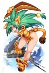  :d aircraft airship animal_ears animal_print arm_up bare_legs blush boomerang cat_ears cat_tail cham_cham ear_down eyebrows_visible_through_hair full_body gloves green_eyes green_hair holding holding_weapon long_hair looking_at_viewer miniskirt open_mouth outstretched_arm paw_gloves paw_shoes paws pointing pointing_at_viewer samurai_spirits shiny shiny_skin shoes skirt smile snk solo spiked_hair tail thighs tiger_print weapon yu_3 