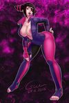  1girl areola_slip barefoot black_hair bodysuit breasts capcom cesium cleavage eyepatch fingerless_gloves gloves han_juri large_breasts leaning_forward looking_at_viewer no_bra open_clothes open_mouth purple_eyes solo street_fighter street_fighter_v toeless_legwear tongue tongue_out waifu2x 