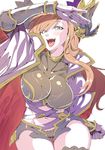  breasts cape cleavage gloves granblue_fantasy hair_ornament large_breasts long_hair looking_at_viewer navel open_mouth orange_hair short_shorts shorts song_(granblue_fantasy) tsuki_wani 