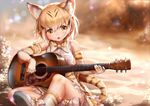  animal_ears bare_shoulders blonde_hair blurry breasts cat_ears chestnut_mouth cloud commentary_request depth_of_field desert elbow_gloves evening eyebrows_visible_through_hair fang gloves guitar hair_between_eyes instrument kemono_friends ks looking_to_the_side mewhan multicolored_hair music open_mouth outdoors playing_instrument sand_cat_(kemono_friends) shirt short_hair sitting small_breasts solo streaked_hair tail white_shirt yellow_eyes 