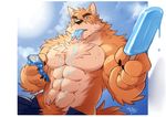  2017 abs anthro big_muscles blue_eyes body_hair brown_fur brown_nose canine chest_tuft claws clothed clothing cropped dog dripping eating food fur happy_trail inner_ear_fluff looking_at_viewer male mammal muscular muscular_male offering_to_viewer open_pants otake outside pants pecs popsicle solo takemoto_arashi tan_fur topless tuft wrapper 