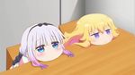  blonde_hair blue_eyes blush chair closed_mouth crossover eyebrows_visible_through_hair gabriel_dropout hair_ornament head_on_table jacket jitome kanna_kamui kobayashi-san_chi_no_maidragon long_hair multiple_girls pink_jacket purple_eyes school_uniform season_connection source_request table tenma_gabriel_white 