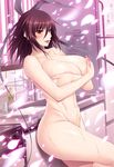  aoi_nagisa_(metalder) blush breast_hold breasts brown_hair cleavage collarbone covering covering_breasts crossed_arms highres indoors kitchen large_breasts lilith-soft lipstick looking_at_viewer makeup mizuki_shiranui navel nipples nude official_art petals red_eyes short_hair smile solo taimanin_(series) taimanin_yukikaze tongue tongue_out wet 