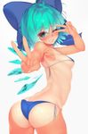  ;d ahoge armpits ass bare_arms bare_back bare_shoulders bikini blue_bikini blue_bow blue_eyes blue_hair blush bow breasts cirno clenched_teeth commentary cowboy_shot double_v eyebrows eyebrows_visible_through_hair fairy fingernails hair_bow hand_gesture hidden_star_in_four_seasons ice ice_wings looking_at_viewer looking_back nose_blush one-piece_tan one_eye_closed open_mouth outstretched_arm rukitsura short_hair side-tie_bikini sideboob simple_background small_breasts smile solo standing swimsuit tan tanline tanned_cirno teeth touhou underboob v v_over_eye white_background wings 