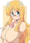  1boy 1girl areolae blonde_hair blue_eyes blush breasts flower glasses hair_flower hair_ornament huge_breasts inverted_nipples long_hair looking_at_viewer naruse_mai nipples paizuri penis sakura_trick smile sonoda_mitsuki upper_body 