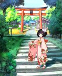  akino_takehiko arm_up black_hair blue_eyes building day floral_print forest furisode hatsukoma_ruri highres japanese_clothes kimono nature obi official_art outdoors pink_kimono ruri_no_kasane_~imouto_monogatari~ sandals sash short_hair shrine side_ponytail solo stairs tabi torii tree 