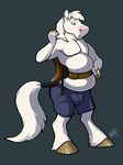  2017 5_fingers anthro belly biped blue_eyes brown_hooves bulge clothed clothing digital_media_(artwork) equine front_view full-length_portrait fur grey_background hair hi_res hooves horse mackenya macroceli_(artist) male mammal portrait saddle shorts signature simple_background slightly_chubby solo standing tail_wraps topless white_belly white_fur white_hair white_tail wraps 