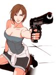  aiming aiming_at_viewer arm_at_side arm_support arm_up bangs bare_arms bare_legs bare_shoulders black_gloves black_skirt blue_eyes blue_tubetop boots breasts brown_footwear brown_hair capcom cleavage closed_mouth collarbone female fingerless_gloves gloves gun highres holding holding_gun holding_weapon jill_valentine legs lips lipstick looking_at_viewer makeup medium_breasts neck on_floor pencil_skirt pink_lipstick resident_evil resident_evil_3 sardine_(artist) seiza short_hair simple_background sitting skirt solo strapless sweater swept_bangs tile_floor tiles tubetop weapon white_background 