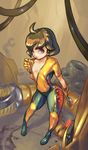  1girl ahoge arms_(game) bodysuit brown_hair cutesexyrobutts flat_chest gloves mecha mechanica_(arms) nipple_slip nipples pink_eyes solo tire wrench zipper 