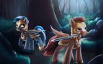  blue_hair brown_feathers brown_fur day detailed_background duo equine feathered_wings feathers forest friendship_is_magic fur green_eyes hair holding_object holding_weapon l1nkoln mammal melee_weapon my_little_pony outside pegasus royal_guard_(mlp) sword tree weapon wings 