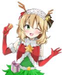  1girl ;d alternate_costume arms_up bare_shoulders bell blonde_hair blush box breasts christmas_tree_costume commentary_request elbow_gloves eyebrows_visible_through_hair fake_antlers fur-trimmed_gloves fur-trimmed_vest fur_collar fur_trim gift gift_box gloves green_eyes hair_bell hair_between_eyes hair_ornament hair_ribbon hairband head_tilt holding idolmaster idolmaster_cinderella_girls kaedekko_(chariesk) leaning_over lolita_hairband looking_at_viewer medium_hair one_eye_closed open_hand open_mouth party_popper red_gloves red_vest ribbon sakurai_momoka simple_background small_breasts smile solo star striped striped_ribbon symbol_commentary upper_body vest white_background 