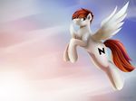  brown_eyes brown_hair day equine fan_character feathered_wings feathers feral flying fur hair hooves l1nkoln male mammal my_little_pony outside pegasus sky smile solo white_feathers white_fur wings 