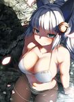  animal_ears aqua_eyes arm_support bell bikini blush breasts cleavage collarbone commentary_request highres hisame_shakadou kanpani_girls large_breasts lolicept looking_at_viewer navel petals short_hair silver_hair sitting smile solo swimsuit water white_bikini 