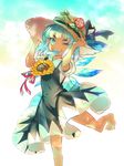  ;d barefoot blue_dress blue_eyes blue_hair bow cirno dress fairy_wings flower food hair_bow hands_on_headwear hat hat_flower hidden_star_in_four_seasons ice ice_cream ice_wings looking_at_viewer mouth_hold one_eye_closed open_mouth see-through_silhouette short_hair simple_background smile standing standing_on_one_leg straw_hat sun_hat sunflower tan tanned_cirno thick_eyebrows toes touhou v-shaped_eyebrows wings zounose 