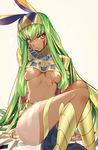  bare_shoulders blush bracelet breasts breasts_apart c.c. closed_mouth code_geass commentary cosplay covered_nipples creayus dark_skin earrings egyptian egyptian_clothes facial_mark fate/grand_order fate_(series) green_hair hairband hoop_earrings jewelry long_hair looking_at_viewer medium_breasts nitocris_(fate/grand_order) nitocris_(fate/grand_order)_(cosplay) scar sidelocks simple_background sitting solo very_long_hair yellow_eyes 