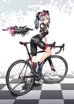  :d ass bicycle bike_jersey black_gloves blush breasts drill_hair eyewear_on_head fingerless_gloves gloves ground_vehicle high_heels highres hitomi_kazuya idolmaster idolmaster_cinderella_girls kanzaki_ranko looking_at_viewer medium_breasts open_mouth red_eyes silver_hair smile solo sunglasses twin_drills twintails 