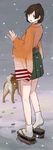  :d absurdres animal bare_legs breasts brown_eyes brown_hair collar commentary_request dog dog_collar footprints full_body green_hakama hakama hakama_skirt highres hiryuu_(kantai_collection) japanese_clothes kantai_collection kimono leash long_sleeves looking_at_viewer medium_breasts morakkyo_(mephilas_g3) open_mouth orange_kimono outdoors revision sandals side_ponytail smile snow snowing socks solo tareme white_legwear wide_sleeves winter 