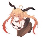  1girl ahoge animal_ears bare_shoulders blonde_hair breasts bunny_suit cleavage collar fate/grand_order fate_(series) full_body kneeling long_hair medium_breasts open_mouth pantyhose shoes sita_(fate/grand_order) solo tail twintails yellow_eyes 