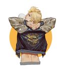  1boy arms_behind_head back blonde_hair blue_eyes chewing_gum chocobo final_fantasy final_fantasy_xv from_behind hands_clasped jacket male_focus midriff own_hands_together prompto_argentum solo yellow_background 